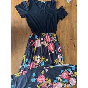 Styleword Womens Cold Shoulder‎ Floral Maxi Dress Black Short Sleeve Pockets M